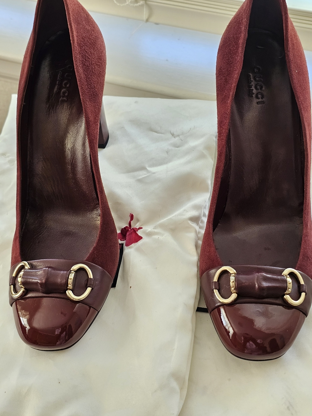 Gucci Women's Burgundy Suede & Patent Leather Horsebit Pumps. Heel 3.5 Inches - Picture 1 of 5